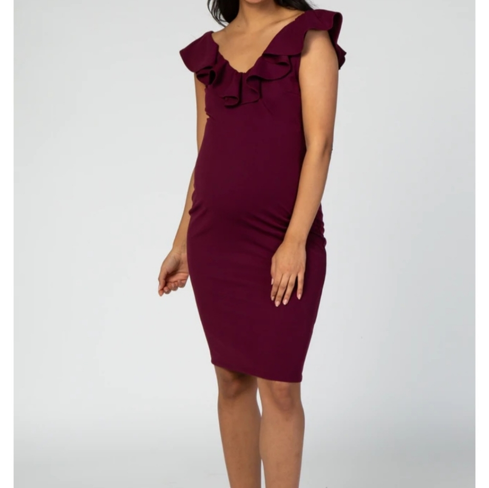 PinkBlush Plum Solid Ruffle Neck Maternity Dress NWT